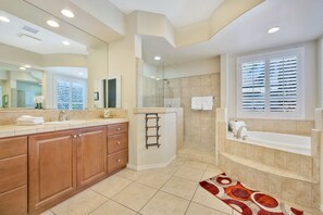 Combined shower/tub, hair dryer, towels, soap