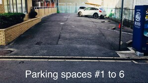 Un espace de stationnement avec les places numérotées de 1 à 6, un bâtiment à la façade en briques et un panneau bleu portant l’inscription « SUNTORY COFFEE BOSS ».