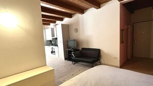 A bedroom with a bed, a television, and a sofa.