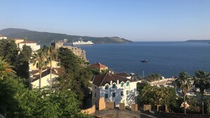 Eine Küstenstadt mit historischen Gebäuden, einem großen Kreuzfahrtschiff im Hafen und freiem Blick auf das Meer.