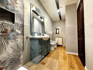 Shower, hair dryer, bidet, towels