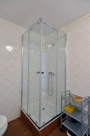 A glass-enclosed shower stall with a metal frame, a toilet, and a metal shelf unit with items on it.