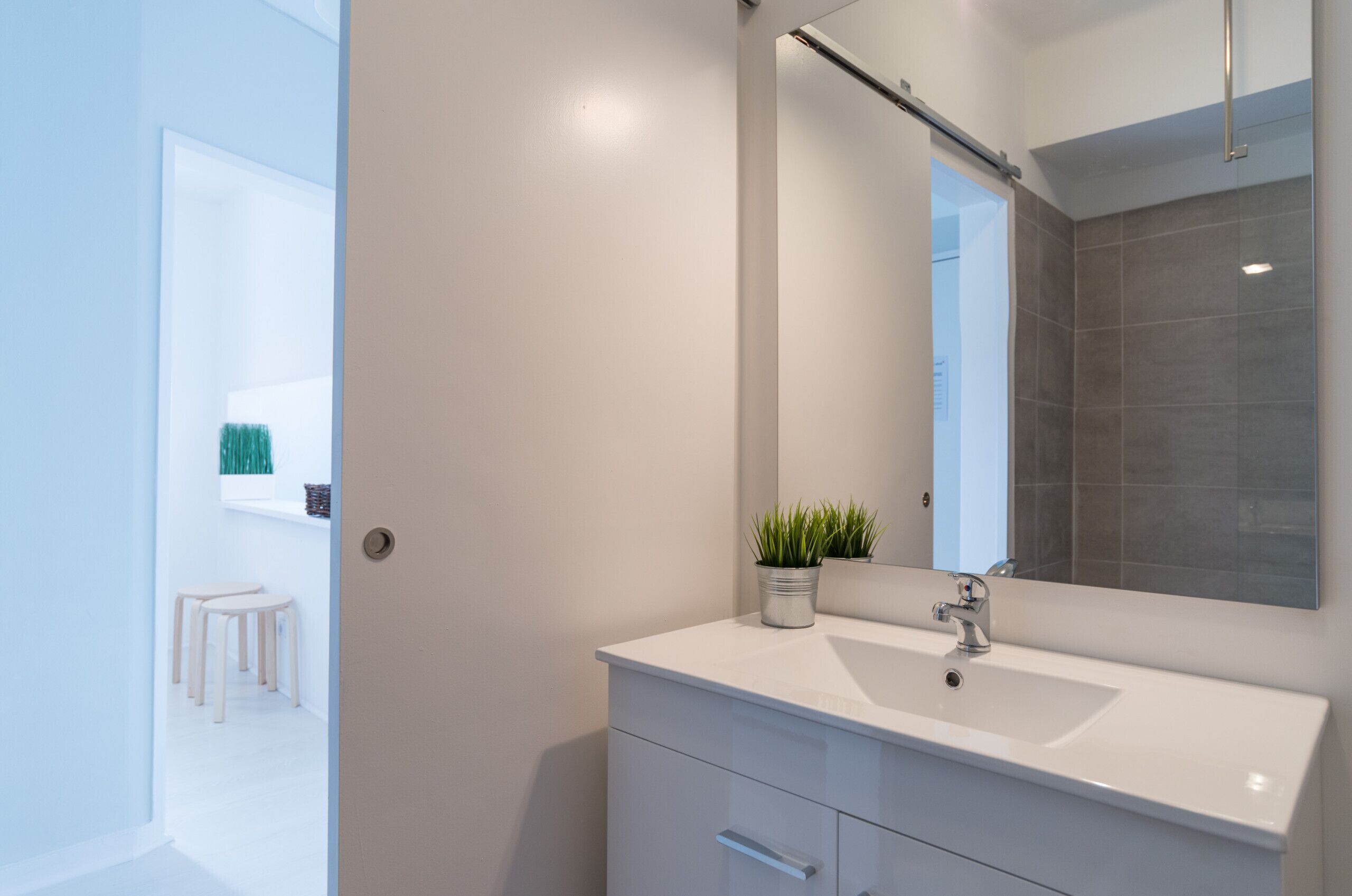 Een douche, een haardroger, handdoeken, shampoo