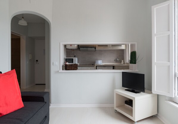 A compact living space with a kitchenette, a television on a stand, and a red pillow on a sofa.