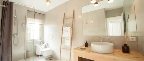 Shower, hair dryer, towels