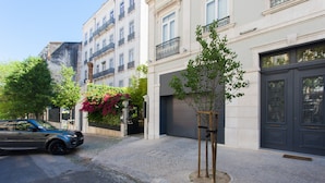 A street view with a modern building, a parked car, and a tree with pink flowers.