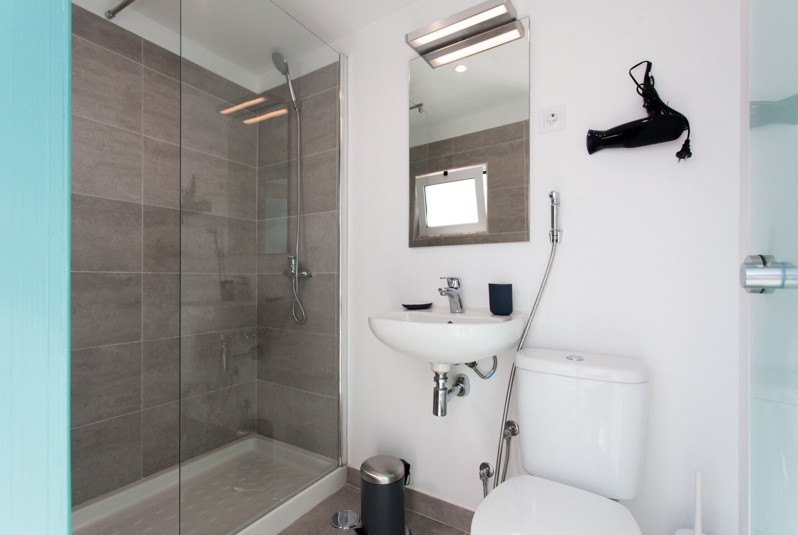 Shower, hair dryer, towels