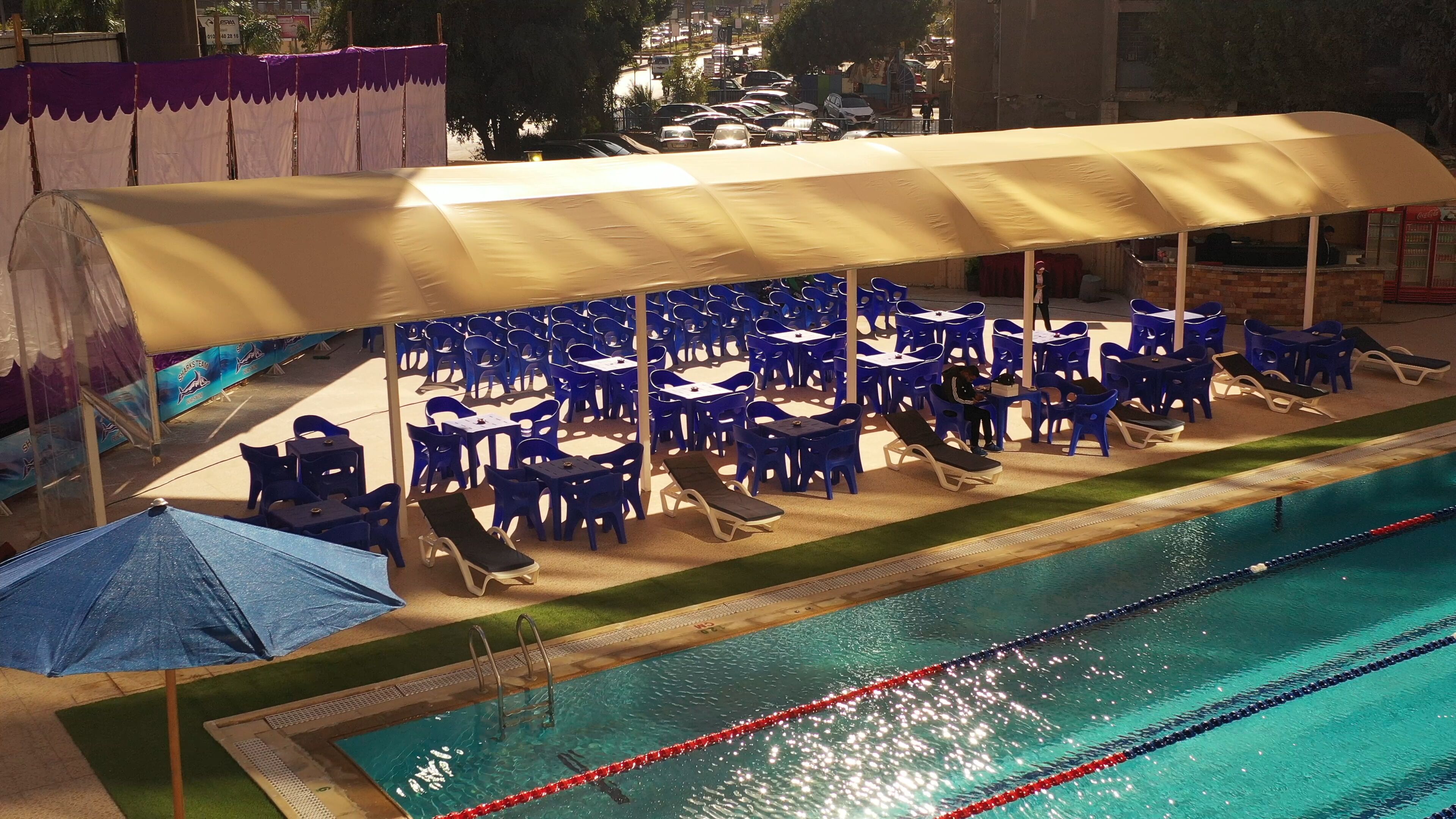 Outdoor pool, pool umbrellas, pool loungers