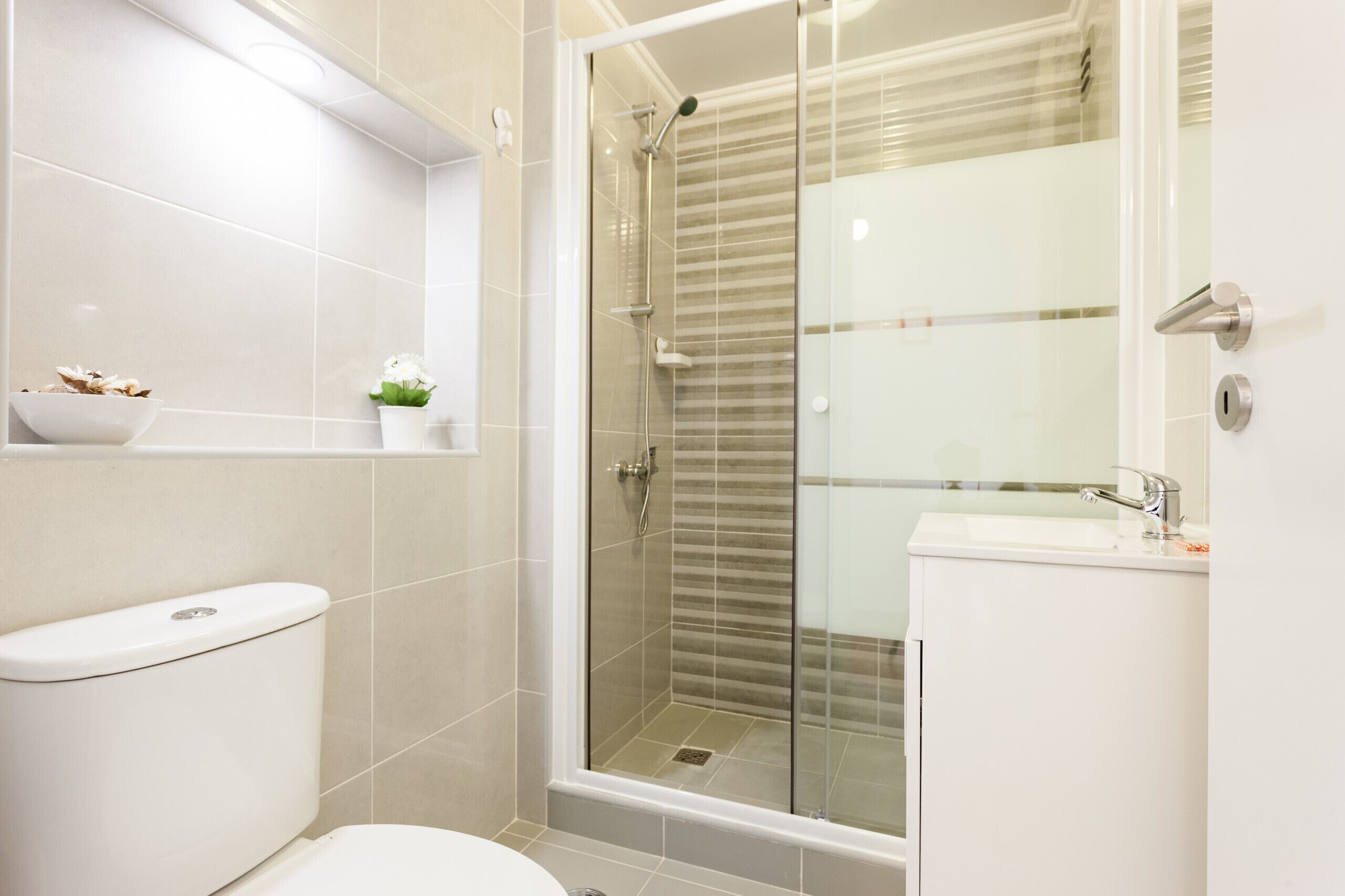 Regadera, secadora de cabello, toallas, shampoo 