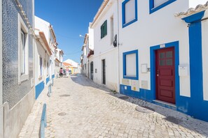 A narrow cobblestone street lined with buildings featuring blue and white facades, a red door, and a visible number '16'.