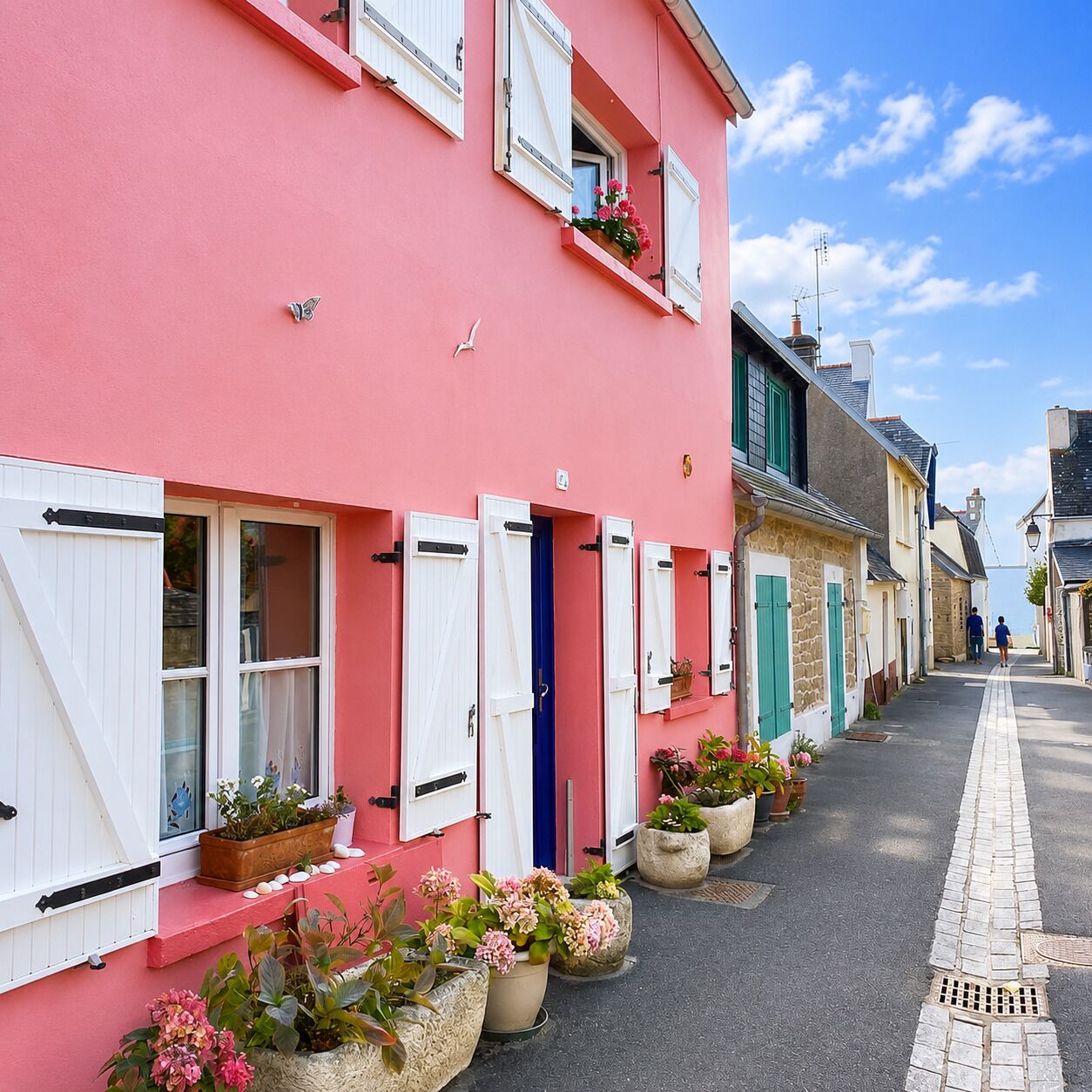 Una calle estrecha flanqueada por edificios coloridos, algunos con contraventanas, y macetas con plantas a lo largo de la acera.