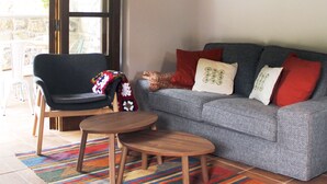 Un salon chaleureux avec un canapé gris, des coussins rouges, une table basse en bois et un tapis coloré. Une suspension en osier est suspendue au plafond, et un tableau encadré est accroché au mur.