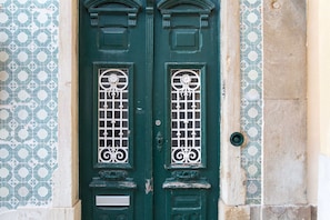 Une porte verte ornée de deux fenêtres, chacune munie de grilles en fer forgé décoratives.
