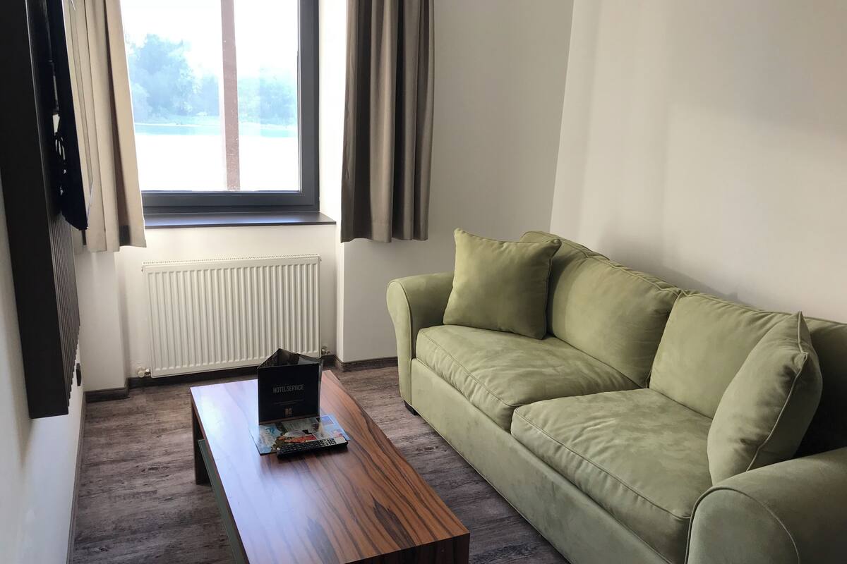 Ein Zimmer mit einem grünen Sofa, einem hölzernen Couchtisch mit einem schwarzen Gegenstand darauf, einem Fenster mit Vorhängen und einer Heizung.