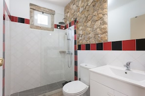 Une salle de bain avec douche, toilettes et lavabo.
