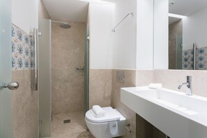 Chuveiro, secador de cabelo, toalhas de banho, shampoo