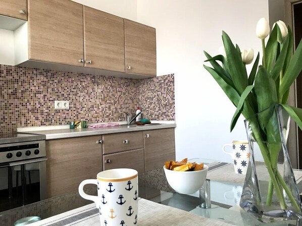 Appartamento Standard (Lva Tolstogo st.38) | Cucina privata | Frigorifero con congelatore, microonde, forno, piano cottura