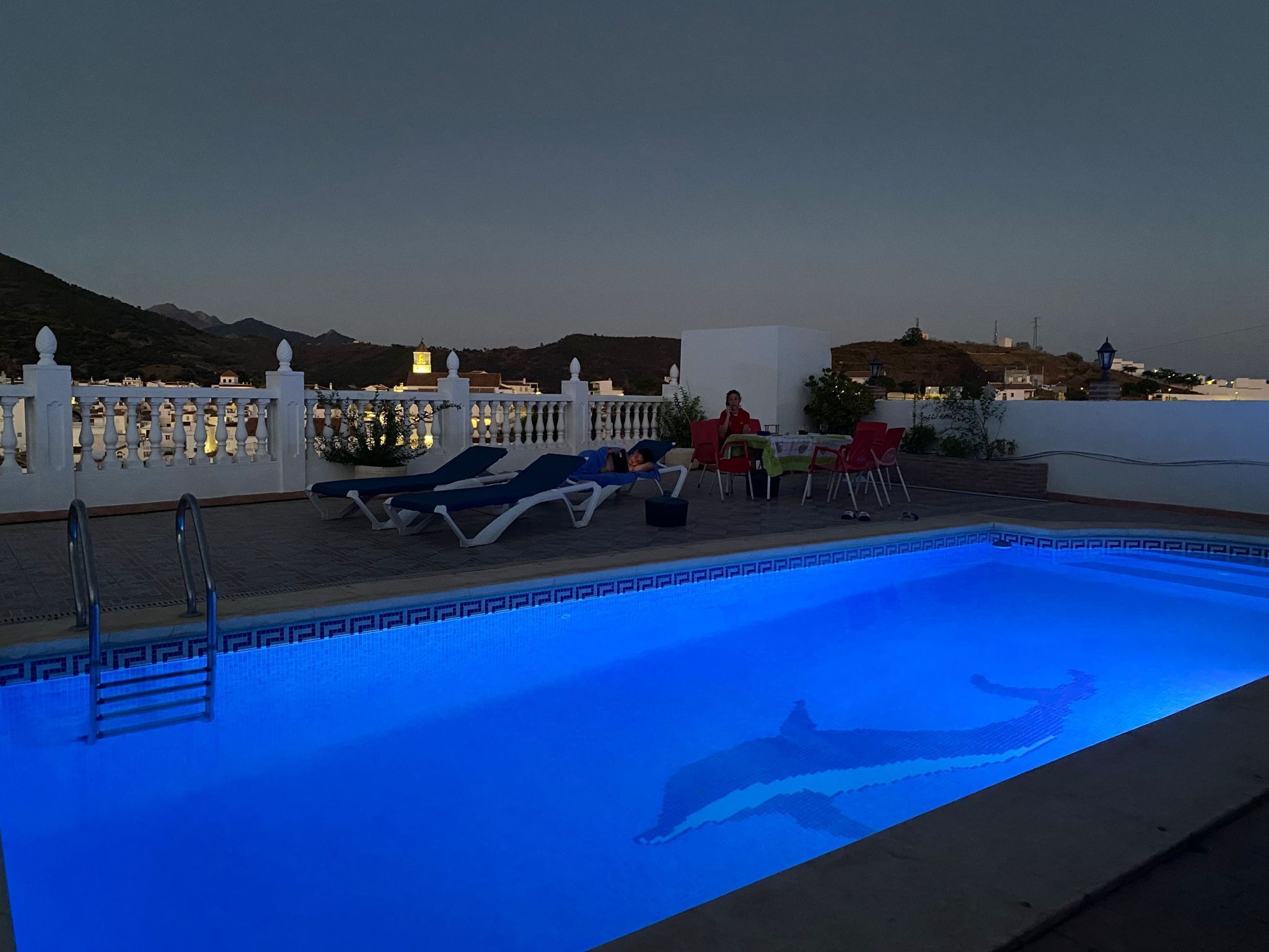Una piscina en la azotea con diseño de delfín, sillones de descanso y un área de comedor con mesas y sillas.