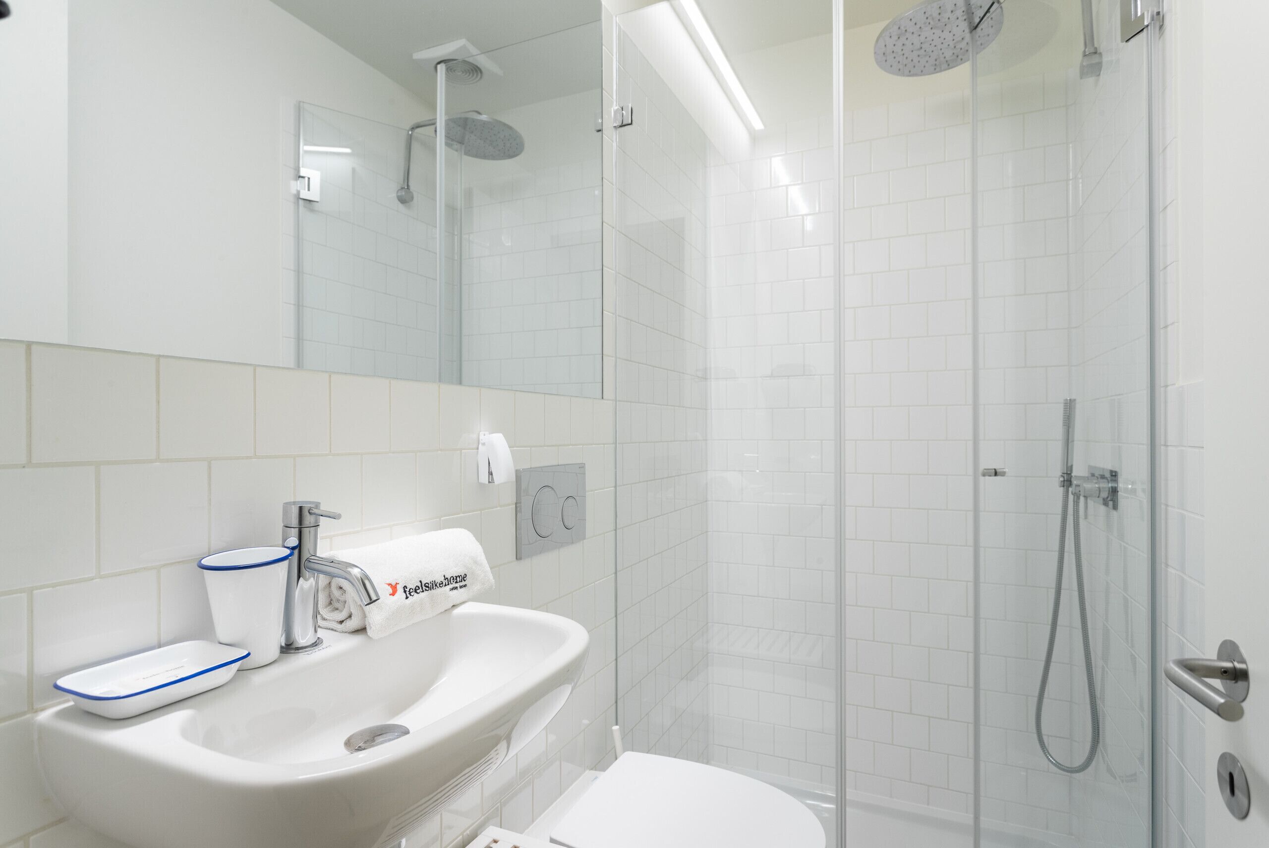 A modern bathroom with a white sink, a toilet, and a glass-enclosed shower area.