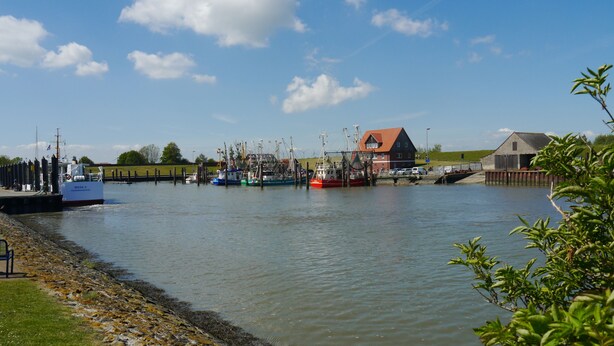 Un port où sont amarrés des bateaux, un bâtiment avec un toit rouge et une zone herbeuse.