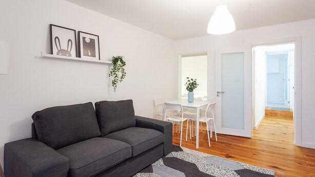 Una sala moderna con un sofá gris, una mesa de comedor blanca con sillas, una planta colgante y una lámpara de techo blanca.