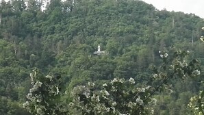 A small white building with a tower on a hill surrounded by dense green forest. - Apartment Mojca near Bled (Zabreznica)
