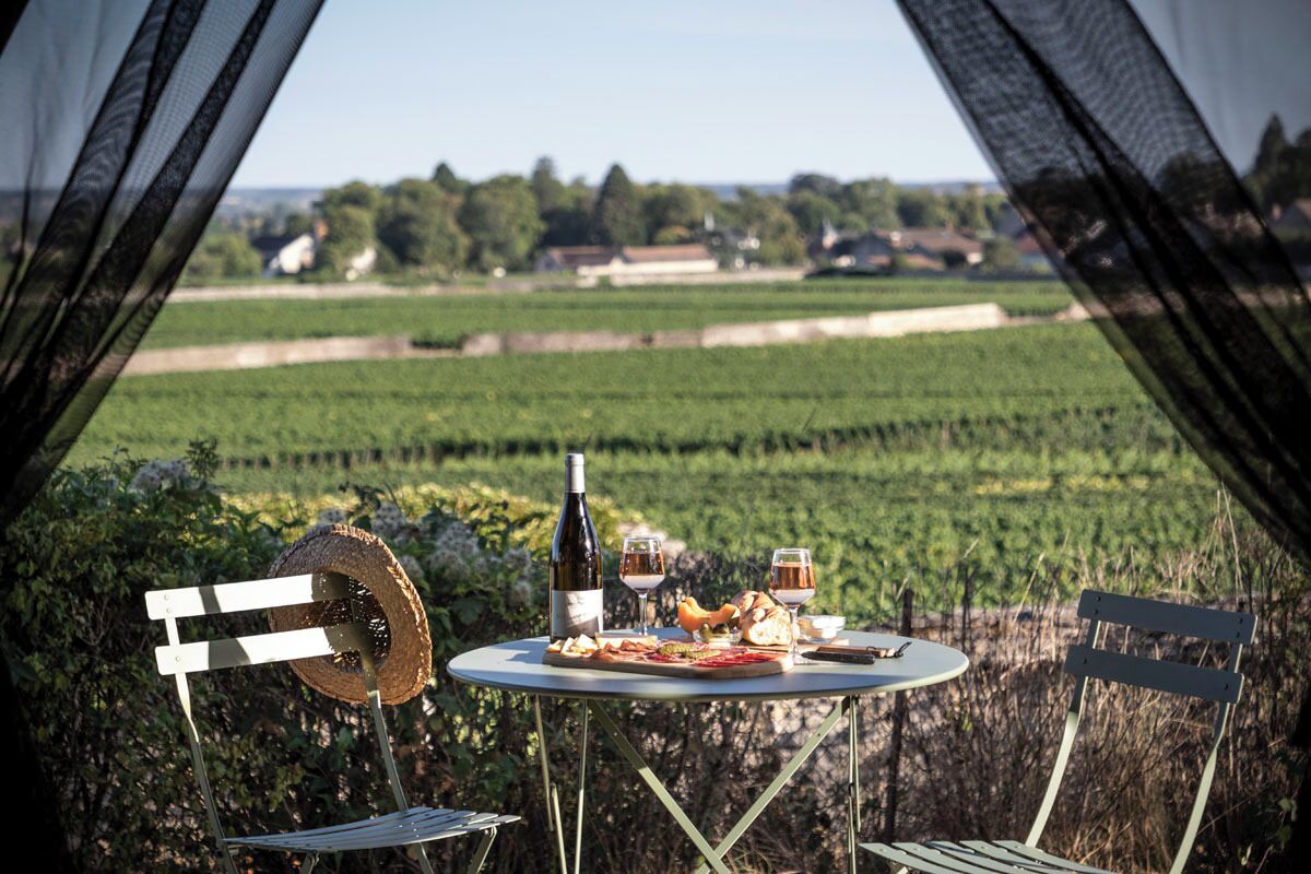 A dining table with a bottle of wine, glasses, and a plate of food, set against a vineyard backdrop.