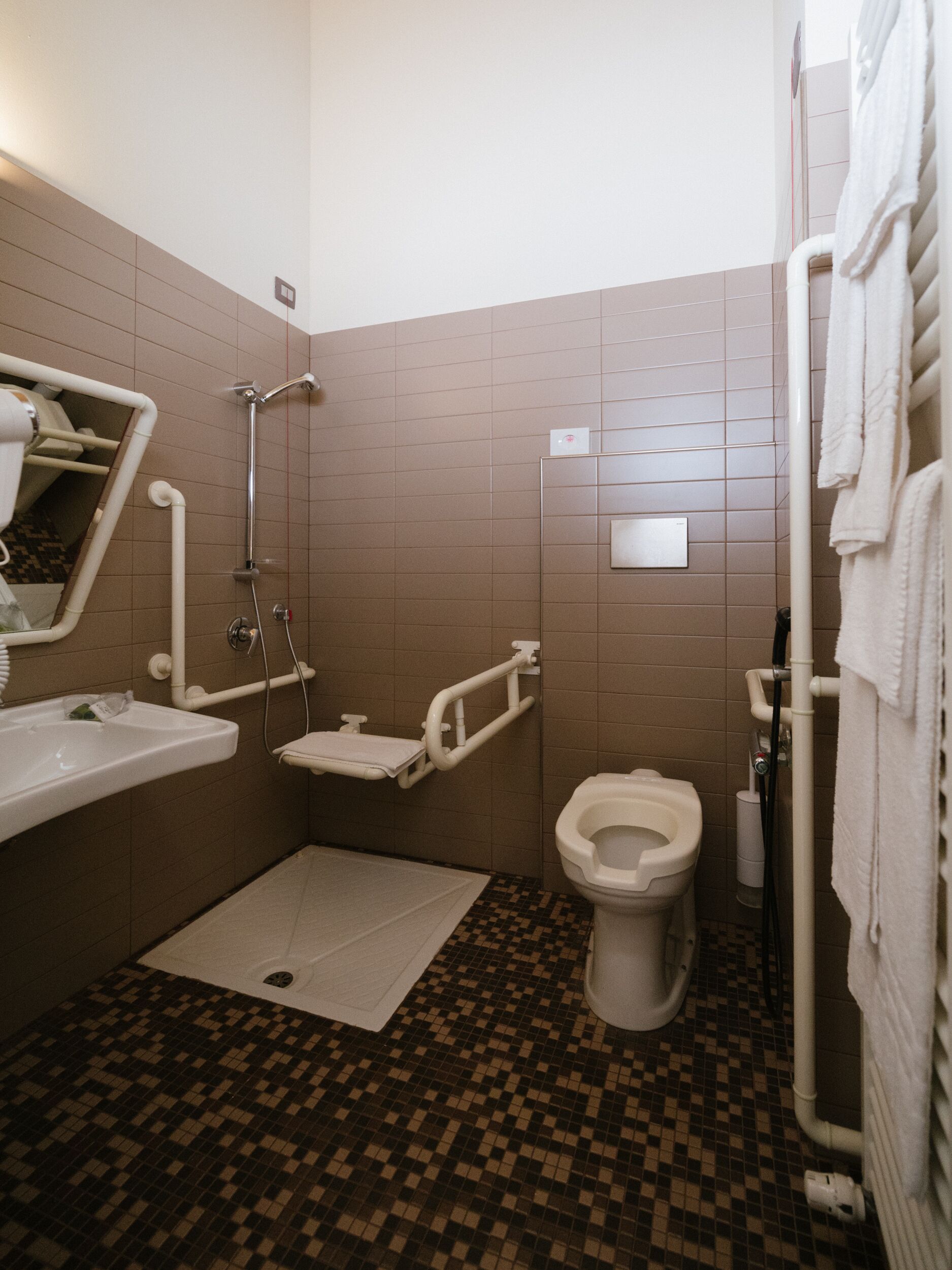 Un baño pequeño con inodoro, lavamanos, ducha y barra de apoyo.