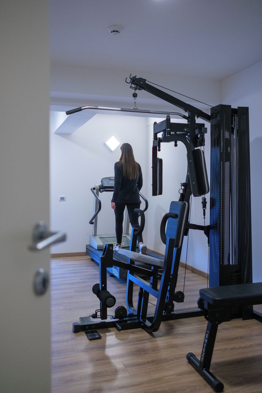 A gym with a treadmill, weight machines, and a bench.