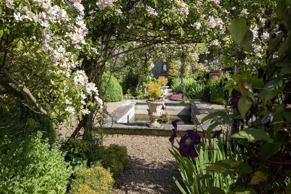 A garden with a stone fountain, various plants, and a stone pathway.