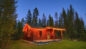Une cabane en bois dotée d’un porche et décorée de guirlandes lumineuses, entourée d’arbres.