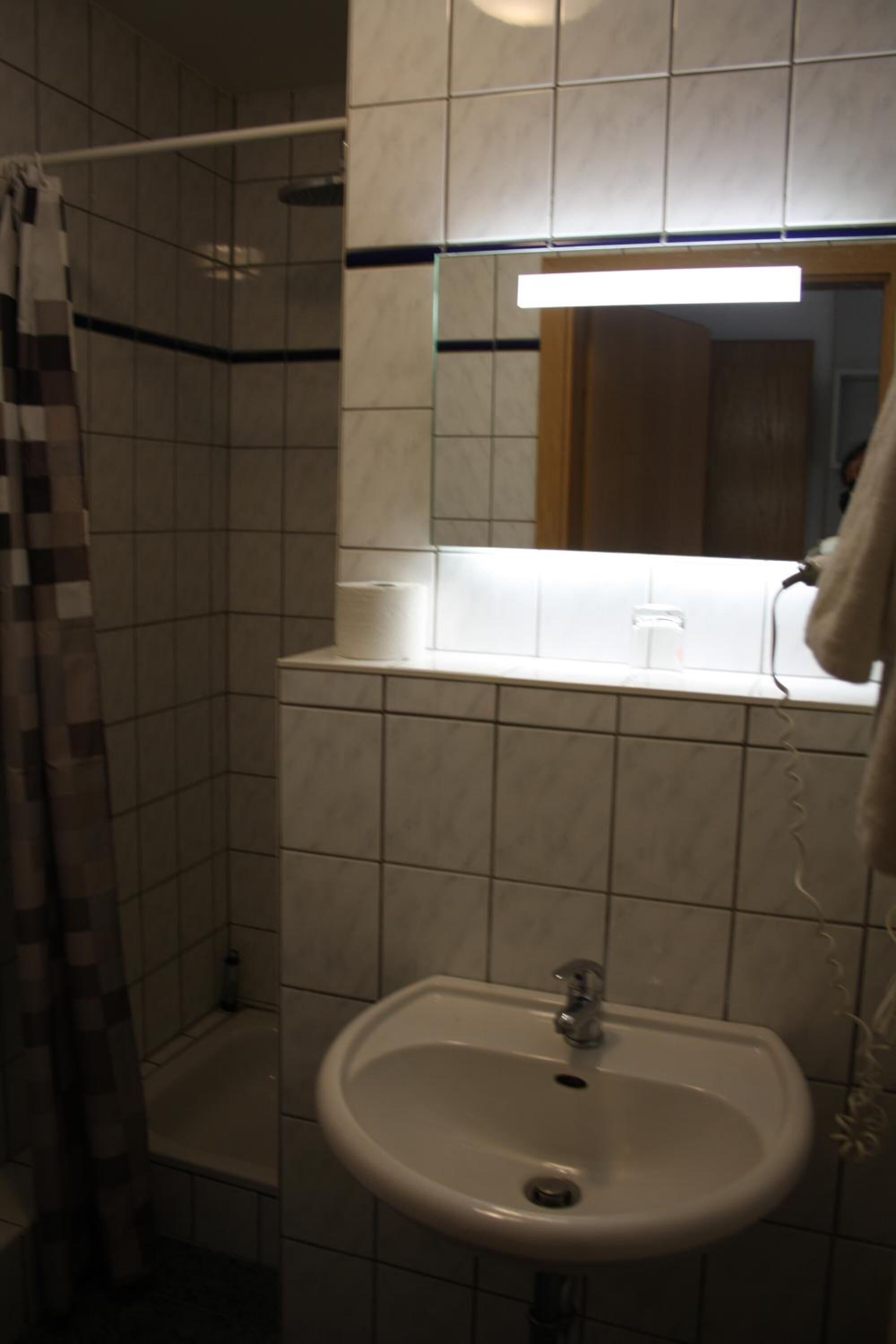Et badeværelse med en hvid vask, et spejl og en bruseforhæng.