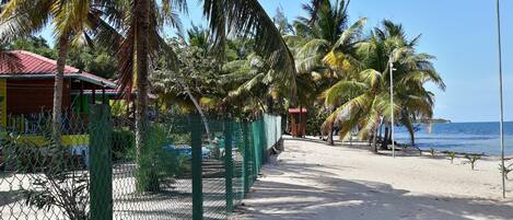A beach with palm trees, a fence, and a building with a red roof.