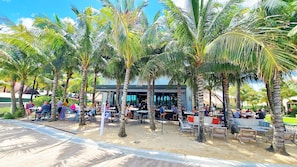 An outdoor dining area with palm trees, tables, and chairs.