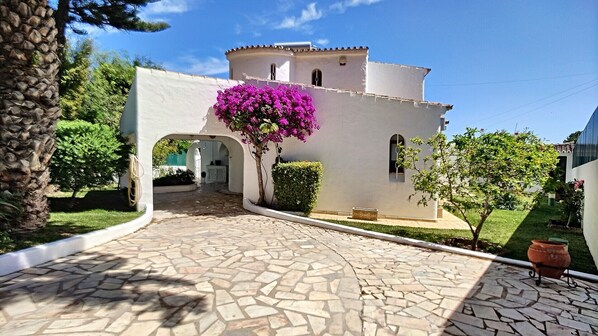 A white building with a stone-paved entrance, a small garden, and a purple flowering tree.