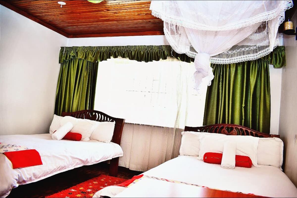 A room with two beds, a wooden ceiling, green curtains, and a white canopy.