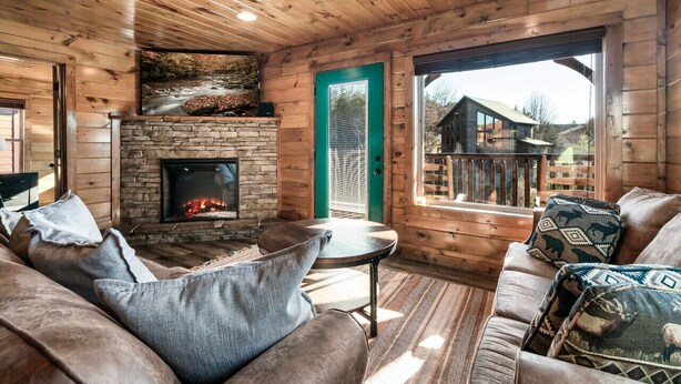 Interior acogedor de una cabaña con chimenea de piedra, paredes de madera y una puerta verde que da al exterior.