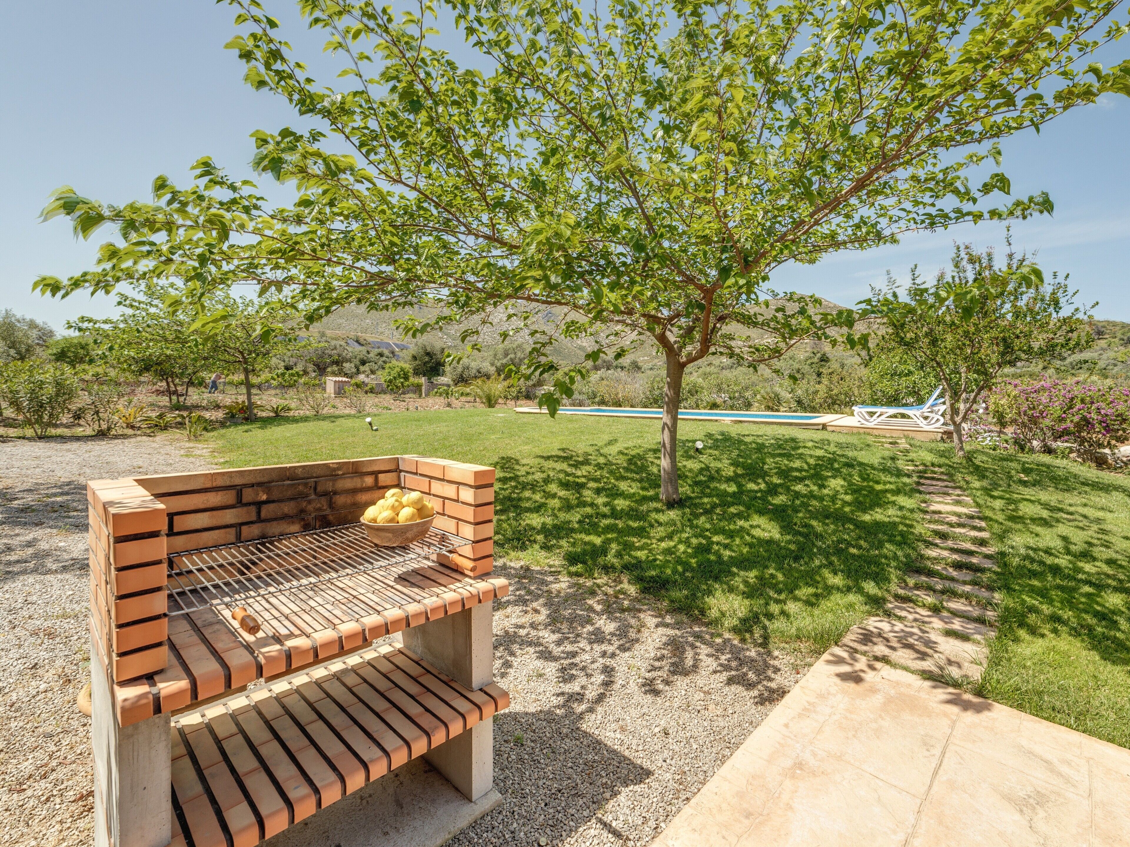 A brick barbecue grill with a bowl of lemons, surrounded by a grassy lawn and trees.