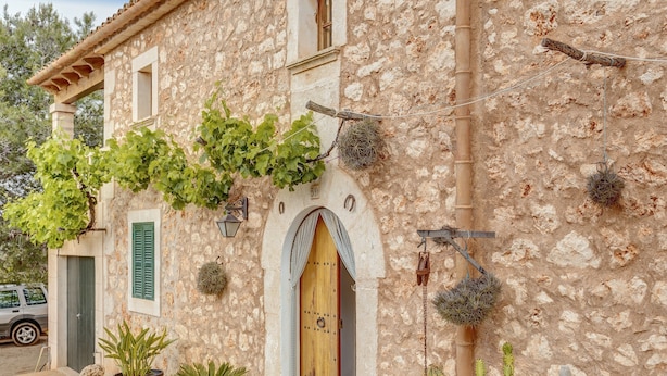 Un edificio de piedra con puerta de madera, plantas en macetas y un cactus colgante.