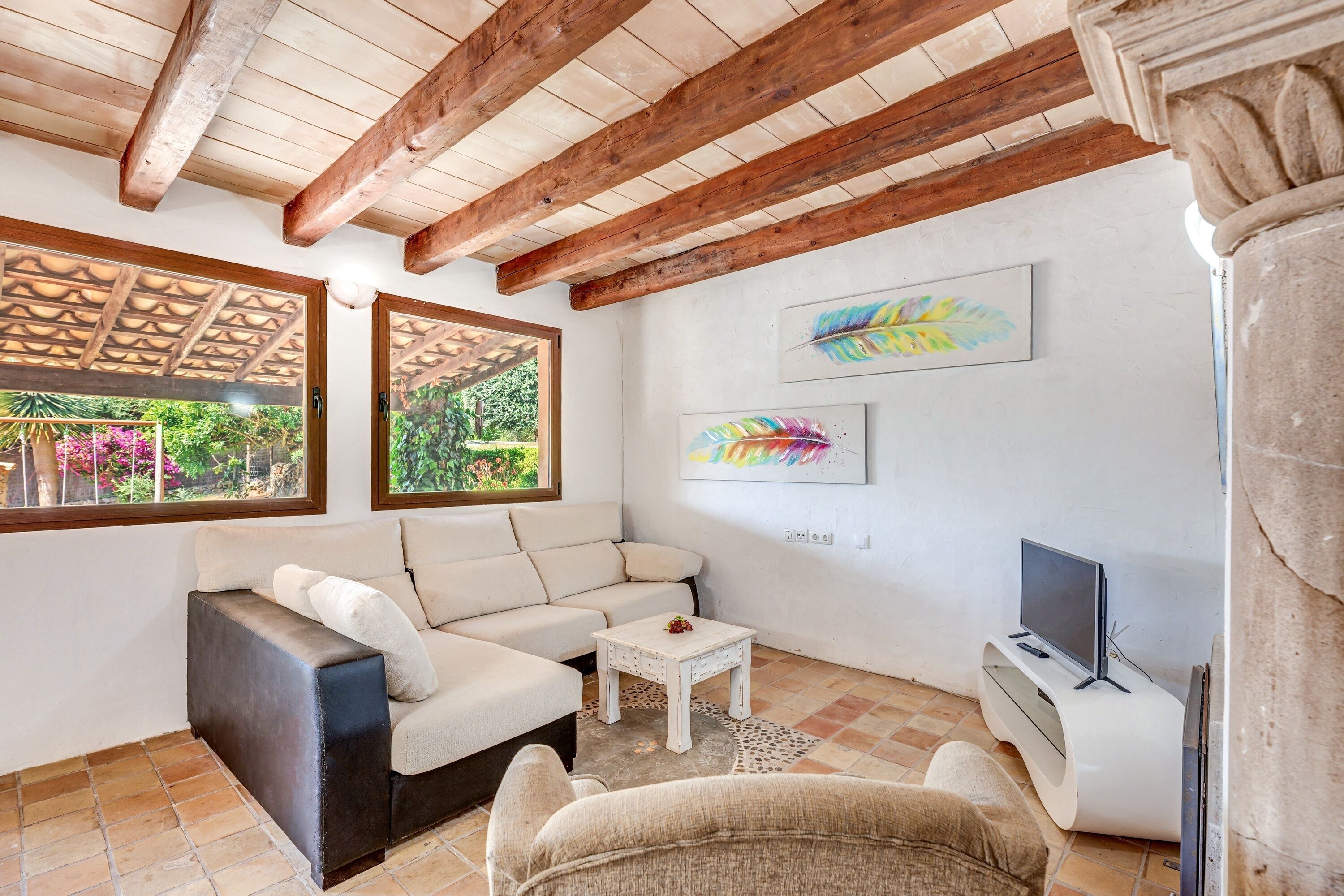 Télévision, cheminée, lecteur de DVD, chaîne hi-fi