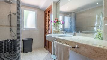 Bathtub, free toiletries, hair dryer, towels
