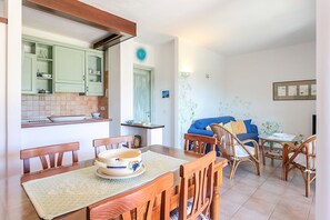 A dining area with a wooden table, chairs, and a kitchen in the background.