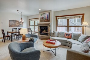 Smart TV, fireplace, books