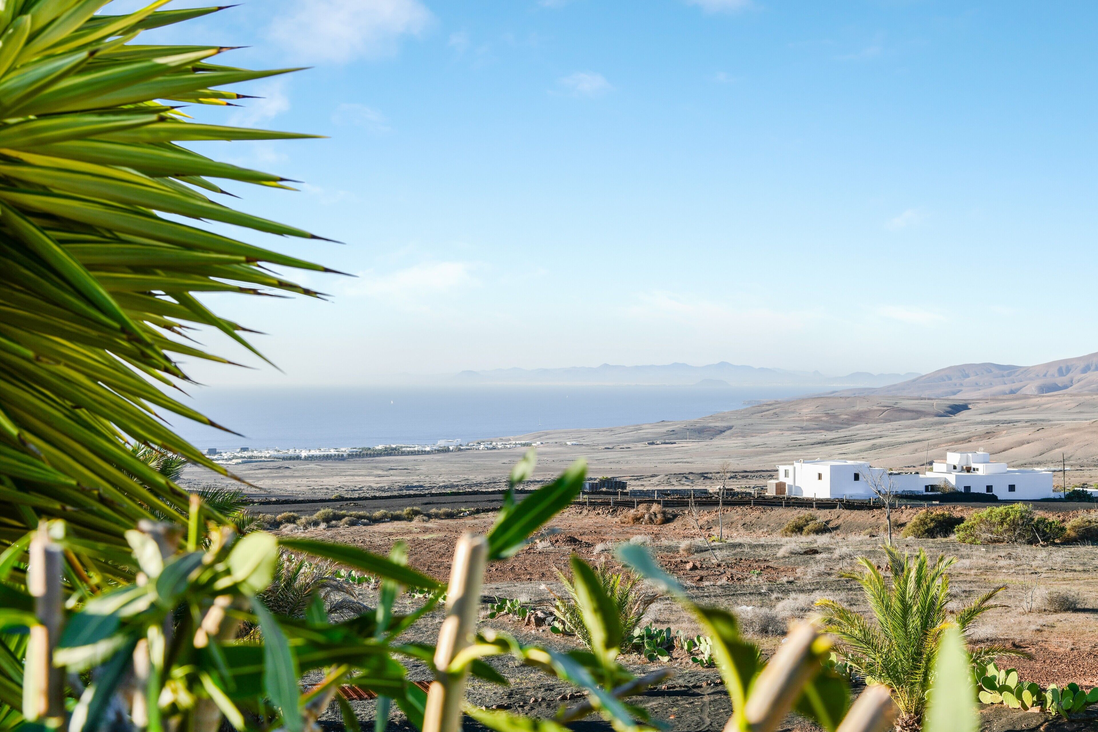 A coastal landscape with white buildings, a clear sky, and sparse vegetation.