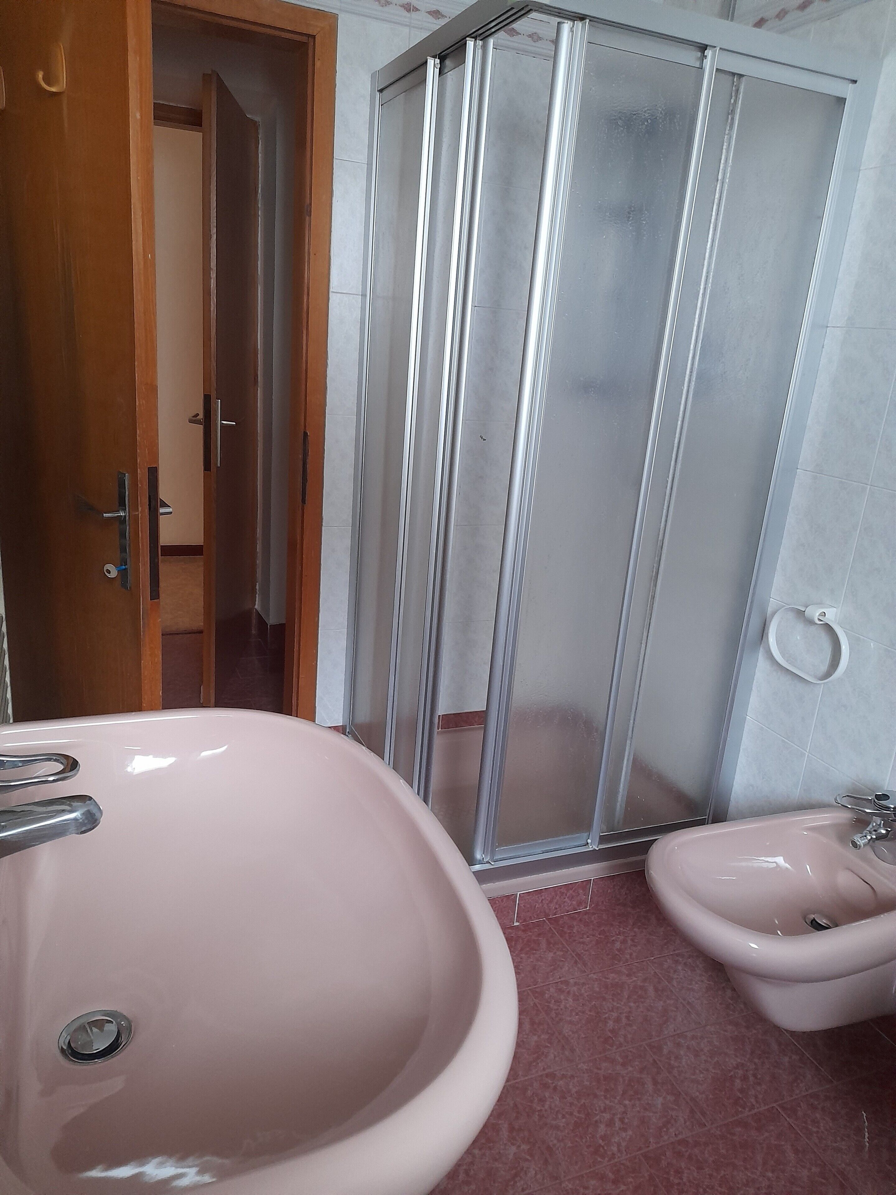 Ein Badezimmer mit einem großen, rosafarbenen Waschbecken, einem kleineren Waschbecken, einer Duschkabine und einer Holztür.