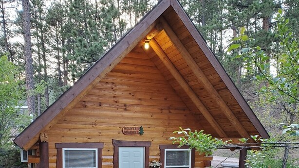 Una cabaña de troncos con techo a dos aguas, una puerta principal, dos ventanas y un letrero que dice "MOUNTAIN SHADOWS".