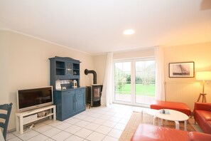 Una televisión, una chimenea