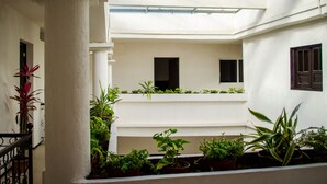 A multi-level interior with a skylight, potted plants, and a staircase. - Estacion Alameda (Orizaba)