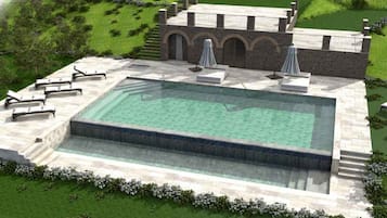 Kolam renang outdoor musiman, dengan payung kolam renang