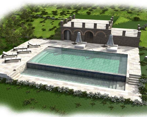 Außenpool (je nach Saison geöffnet), Sonnenschirme, Liegestühle